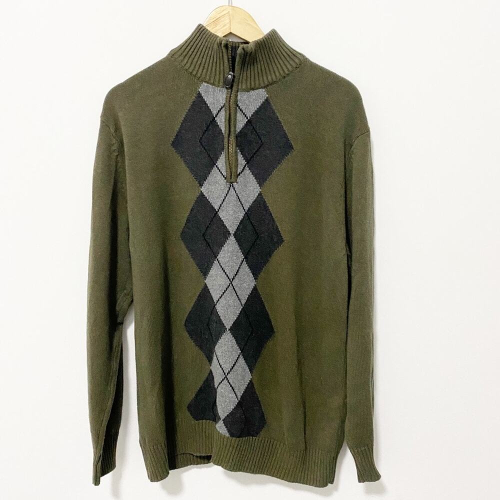 Oscar de la Renta Green Argyle Print Sweater Size Medium